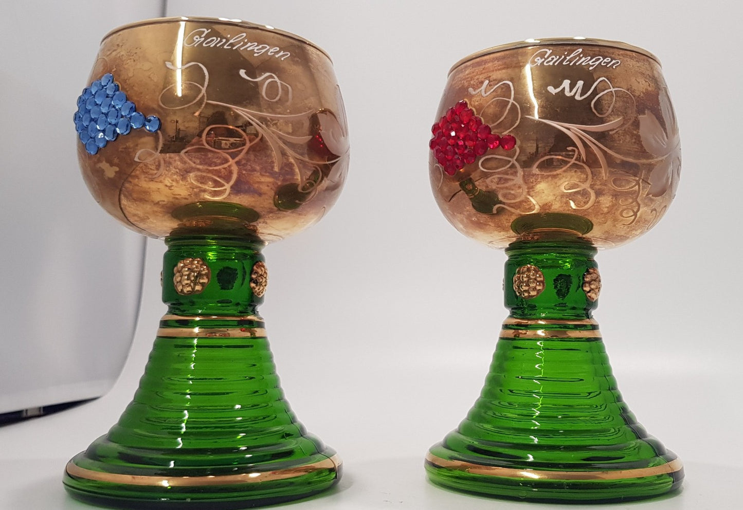 German Jewelled Wine Glass x2 Stemed Boppard Green Gold Vintage