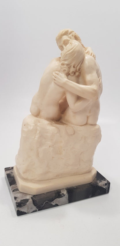 A.Santini Sculpture Nude Kissing Couple Sat Down THE KISS Alabaster on Onyx VGC