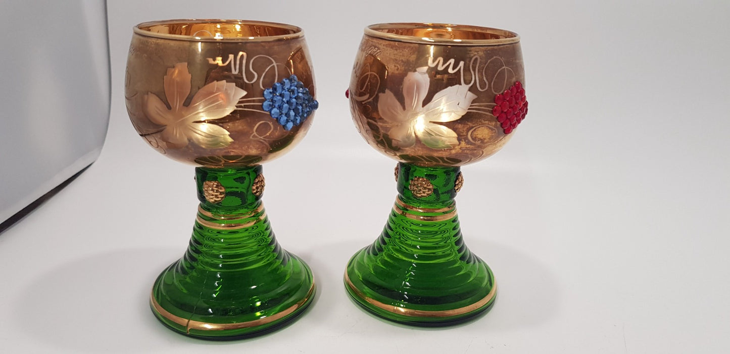 German Jewelled Wine Glass x2 Stemed Boppard Green Gold Vintage