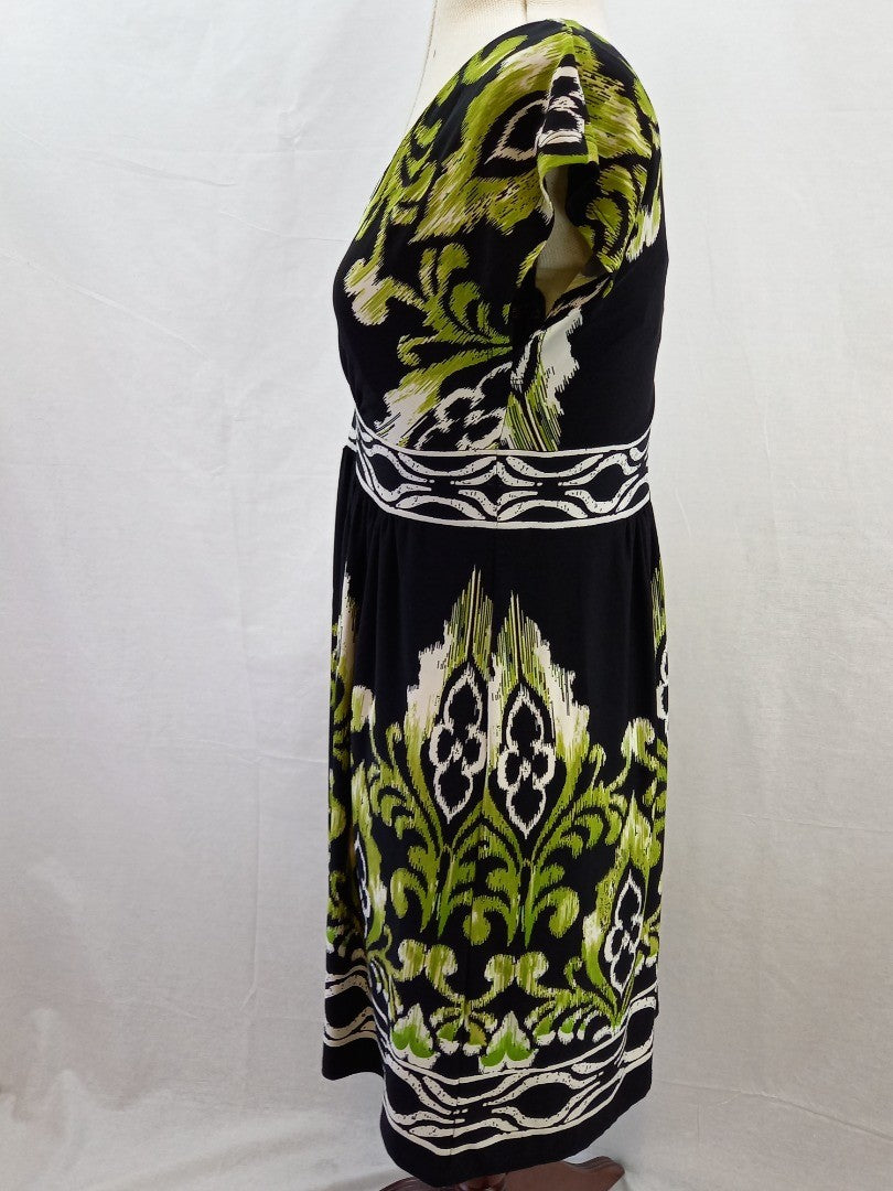 Sandra Darren Green & Black V Neck Summer Dress - Size 10 Petite