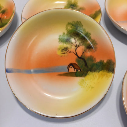 Japanese Hand Painted Porcelain Dishes - Lake Scene - Vintage - Set of 12