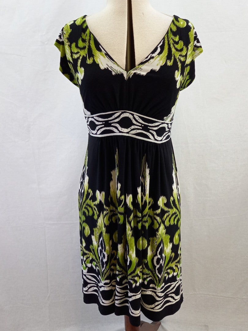 Sandra Darren Green & Black V Neck Summer Dress - Size 10 Petite