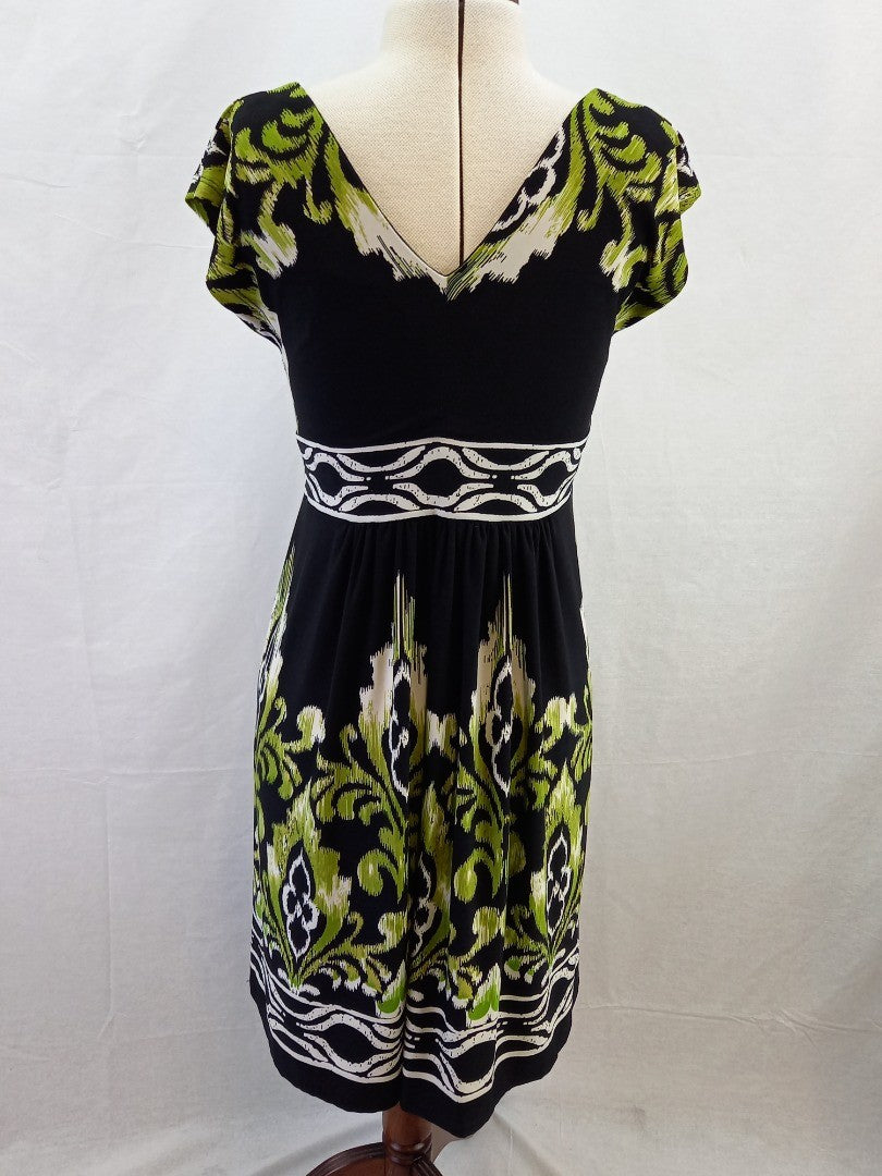 Sandra Darren Green & Black V Neck Summer Dress - Size 10 Petite