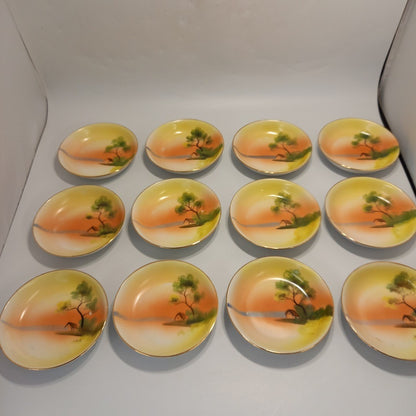 Japanese Hand Painted Porcelain Dishes - Lake Scene - Vintage - Set of 12