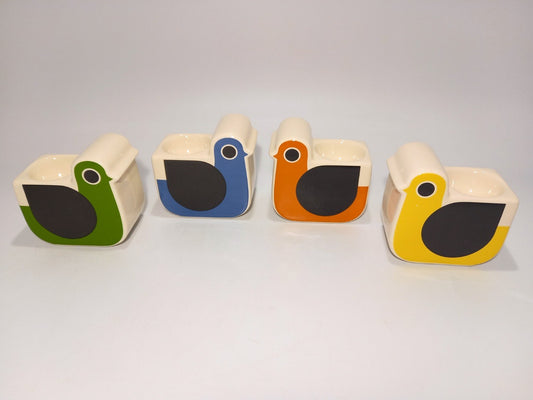 Orla Kiely Egg Cups Set of Green, Blue, Orange, Yellow, Chicken Shaped 4 Piece