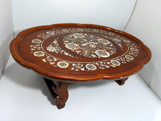 Korean Table / Tray Folding, Vintage Wood Mother of Pearl Lacquer Inlaid Coffee