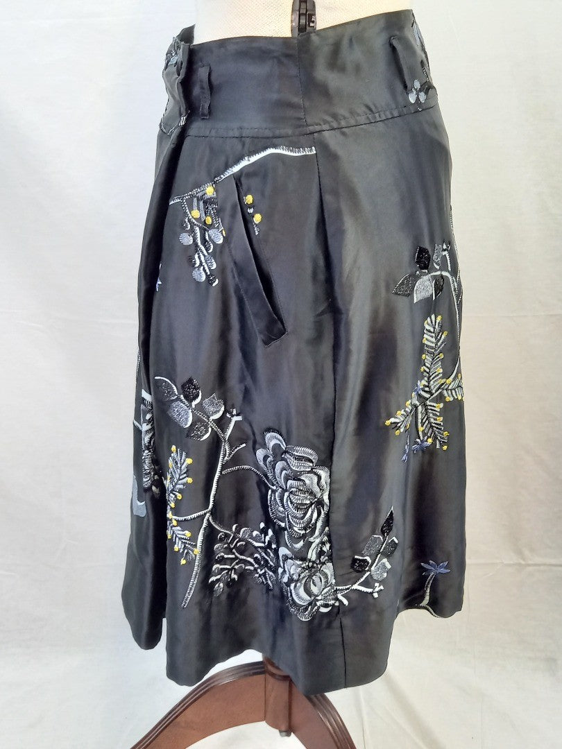 Essentiel Antwerp Black Embroidered Silk Knee Length Satin Skirt - Size UK 10