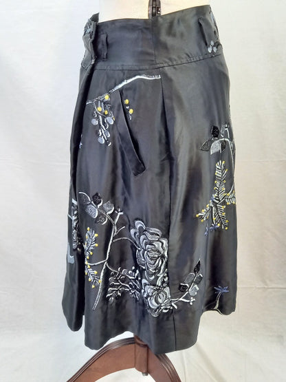 Essentiel Antwerp Black Embroidered Silk Knee Length Satin Skirt - Size UK 10