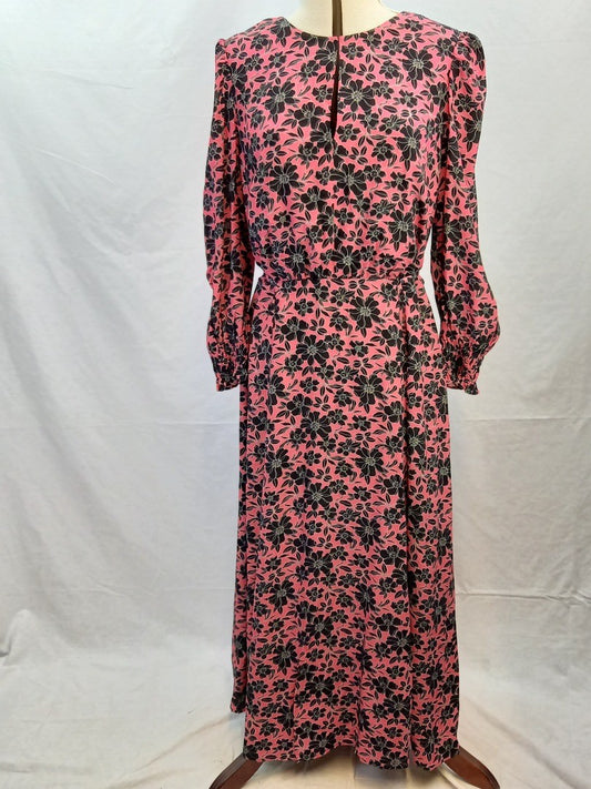 Reiss Pink and Black Floral Long Sleeve Tea Dress New with Tags - Size 14