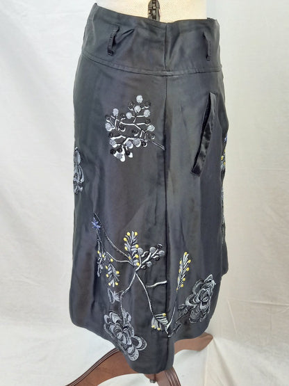 Essentiel Antwerp Black Embroidered Silk Knee Length Satin Skirt - Size UK 10