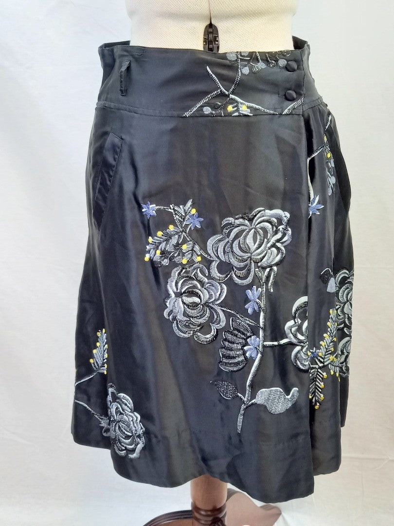 Essentiel Antwerp Black Embroidered Silk Knee Length Satin Skirt - Size UK 10