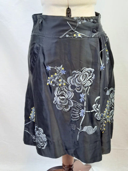 Essentiel Antwerp Black Embroidered Silk Knee Length Satin Skirt - Size UK 10