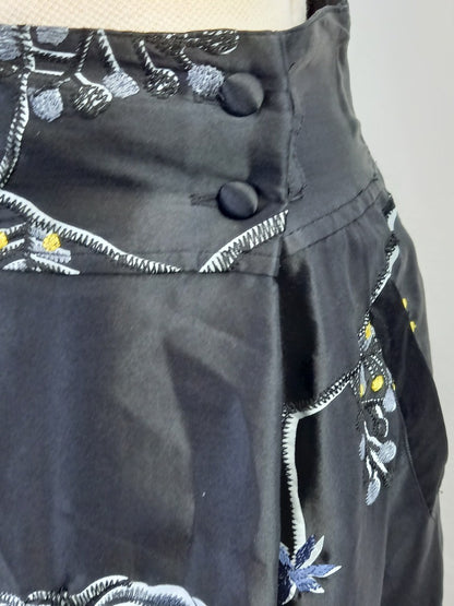 Essentiel Antwerp Black Embroidered Silk Knee Length Satin Skirt - Size UK 10