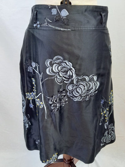 Essentiel Antwerp Black Embroidered Silk Knee Length Satin Skirt - Size UK 10