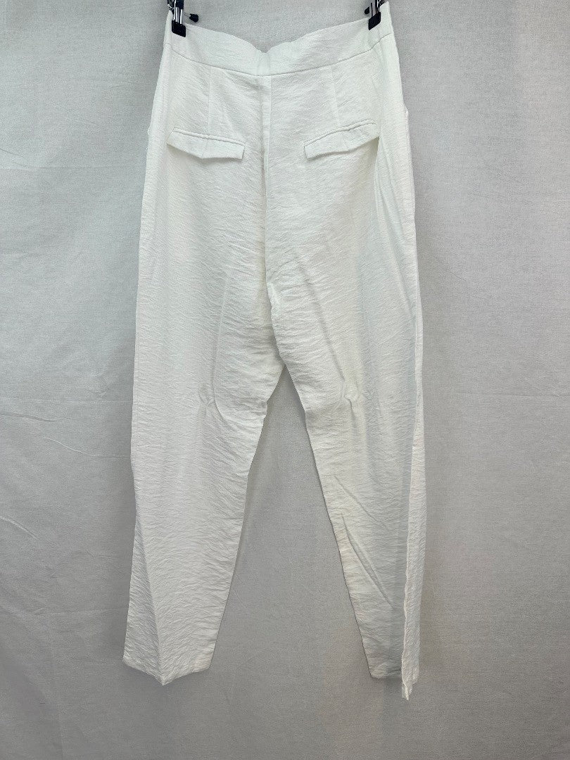 Elenza Cropped White Satin Tapered Trousers Pearl Buttons Size S BNWT