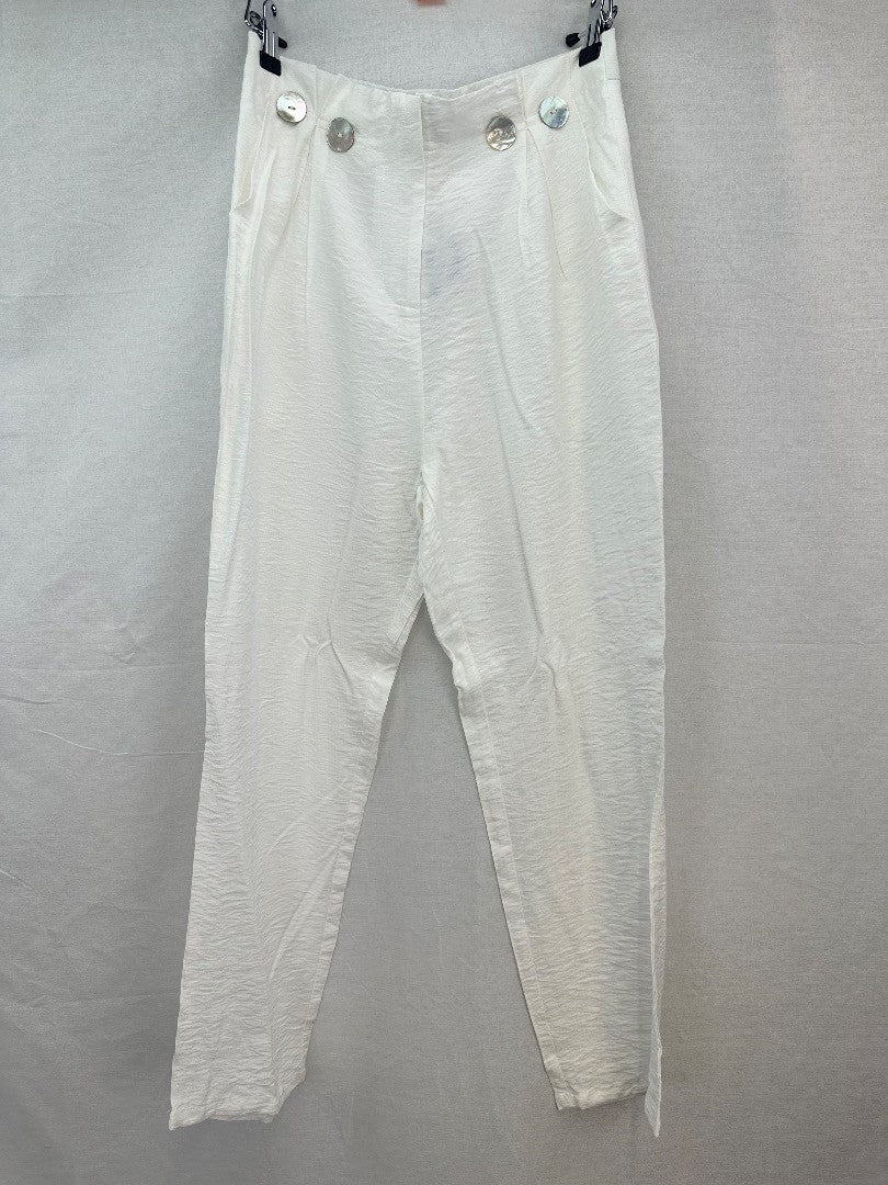 Elenza Cropped White Satin Tapered Trousers Pearl Buttons Size S BNWT