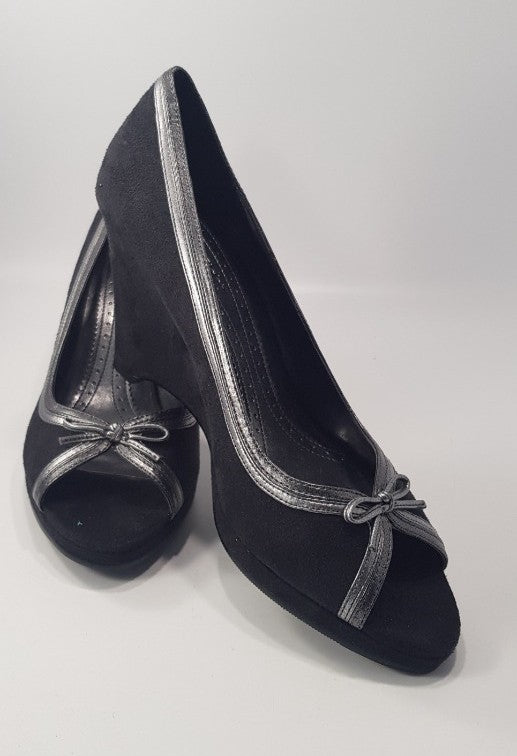 Phase Eight Black Faux Suede Wedge Court Shoe with peep toe Size 6 Brand New