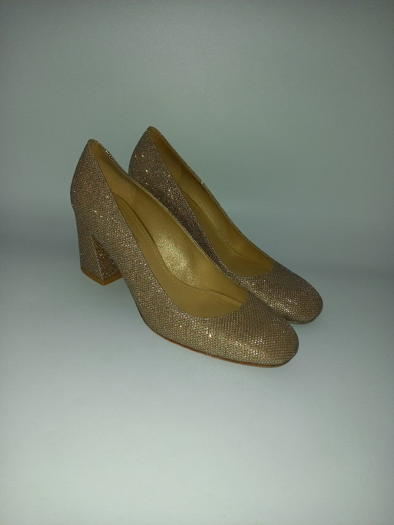 Russell & Bromley Stuart Weitzman, Women's 6.5 Gold Sparkly High Heels Shoes