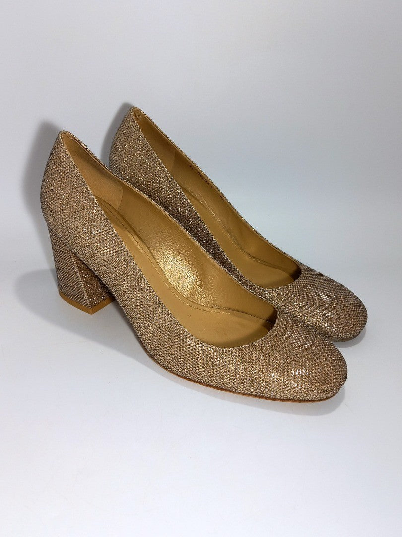 Russell & Bromley Stuart Weitzman, Women's 6.5 Gold Sparkly High Heels Shoes