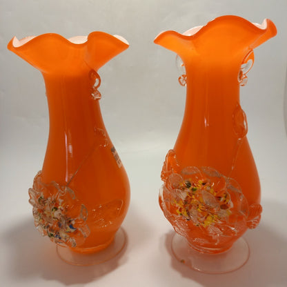 Rare Fluted Art Glass Vase Splatter Flower Orange Fanned Hand-Blown Glass - 9"