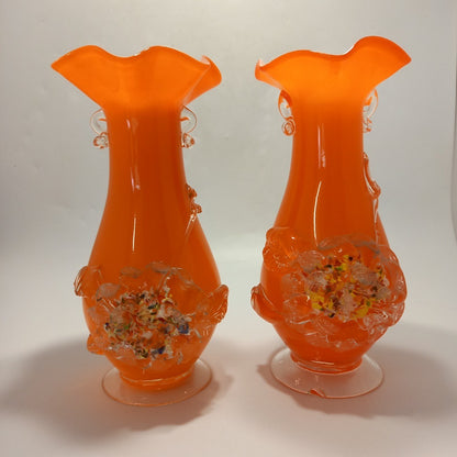 Rare Fluted Art Glass Vase Splatter Flower Orange Fanned Hand-Blown Glass - 9"