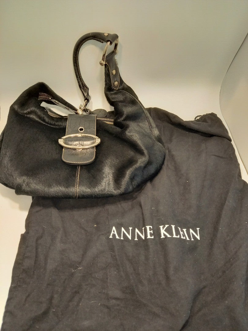 Anne Klein Black Calf Hair Leather Shoulder Bag / Handbag with Charm & Dust Bag