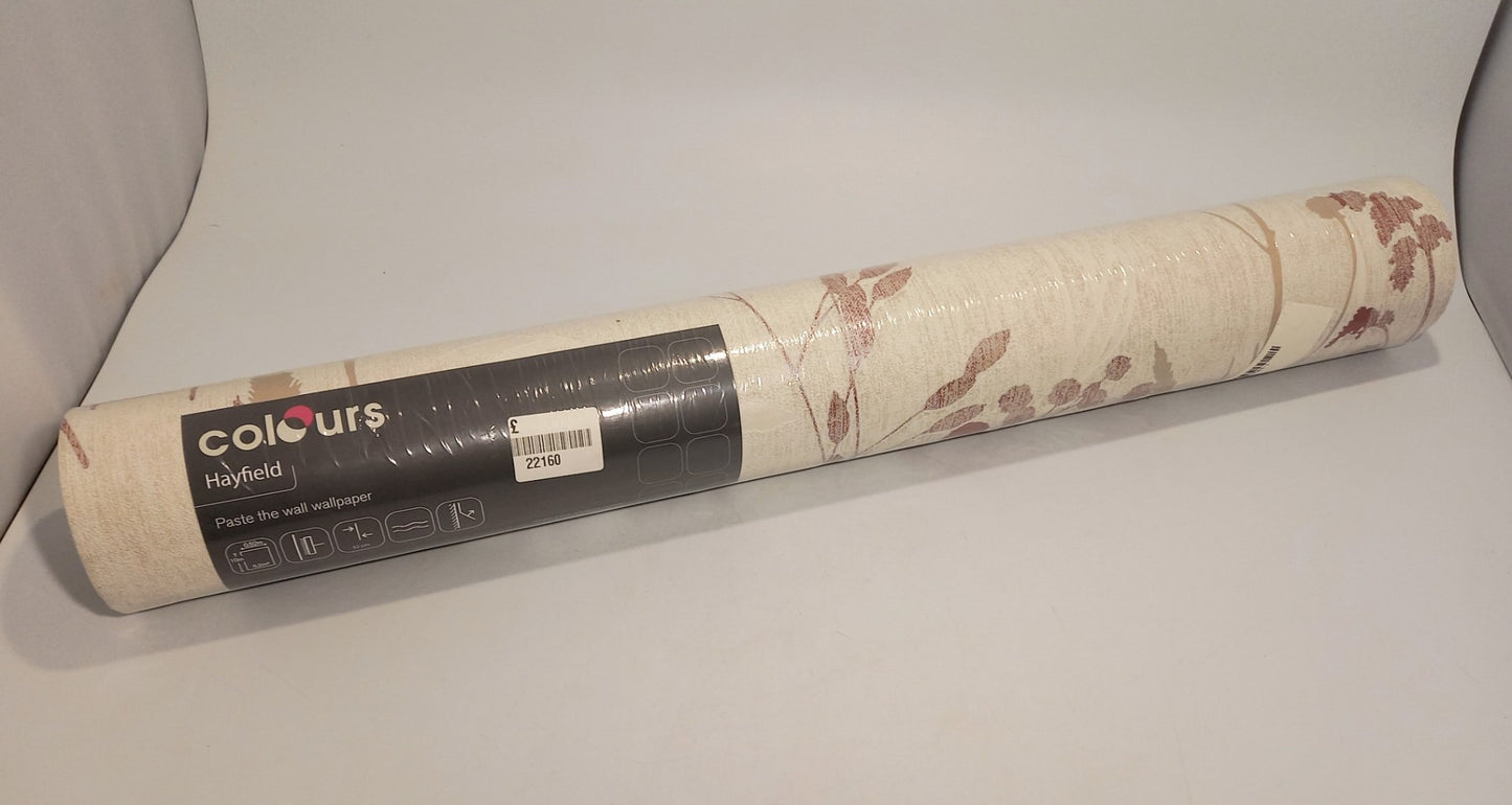 Colours Wallpaper Hayfield Cream/Red, Floral / Leaf Pattern Roll 5.2m2