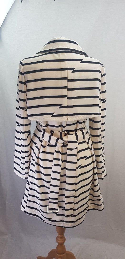 Madewell Black & Ivory Parcel Stripe Belted Trench Coat Size L Excellent Condition