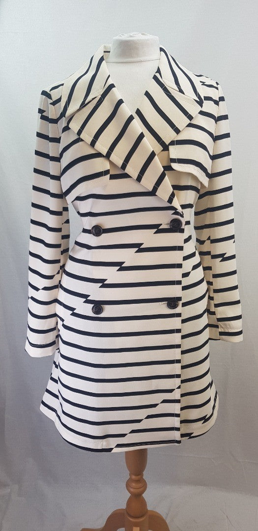 Madewell Black & Ivory Parcel Stripe Belted Trench Coat Size L Excellent Condition