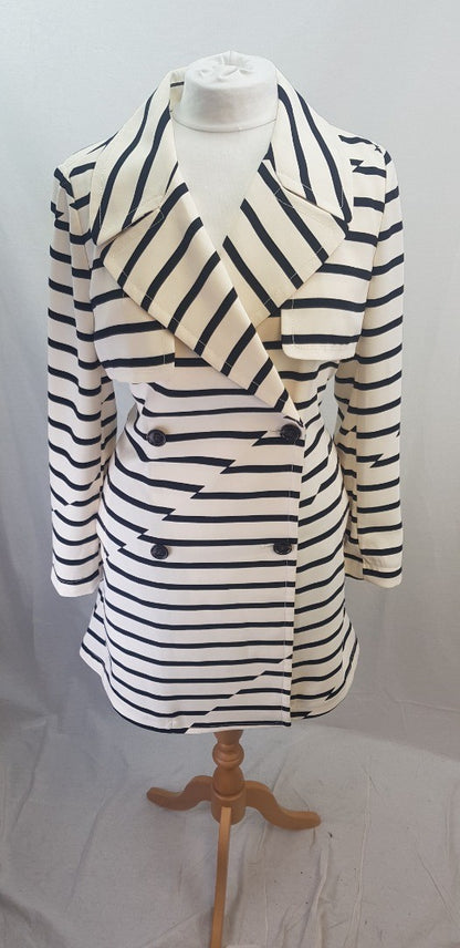 Madewell Black & Ivory Parcel Stripe Belted Trench Coat Size L Excellent Condition