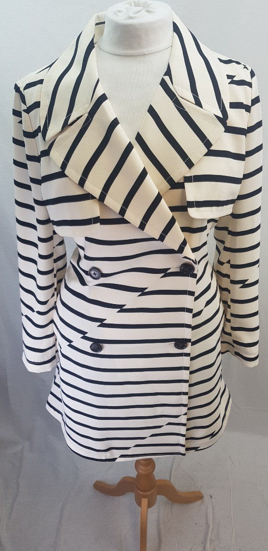 Madewell Black & Ivory Parcel Stripe Belted Trench Coat Size L Excellent Condition