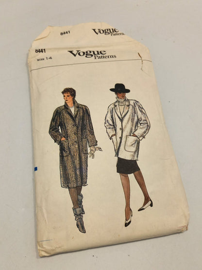 Vogue Patterns 8441 1980s Misses' Coat - Size 14 Vintage Sewing Pattern