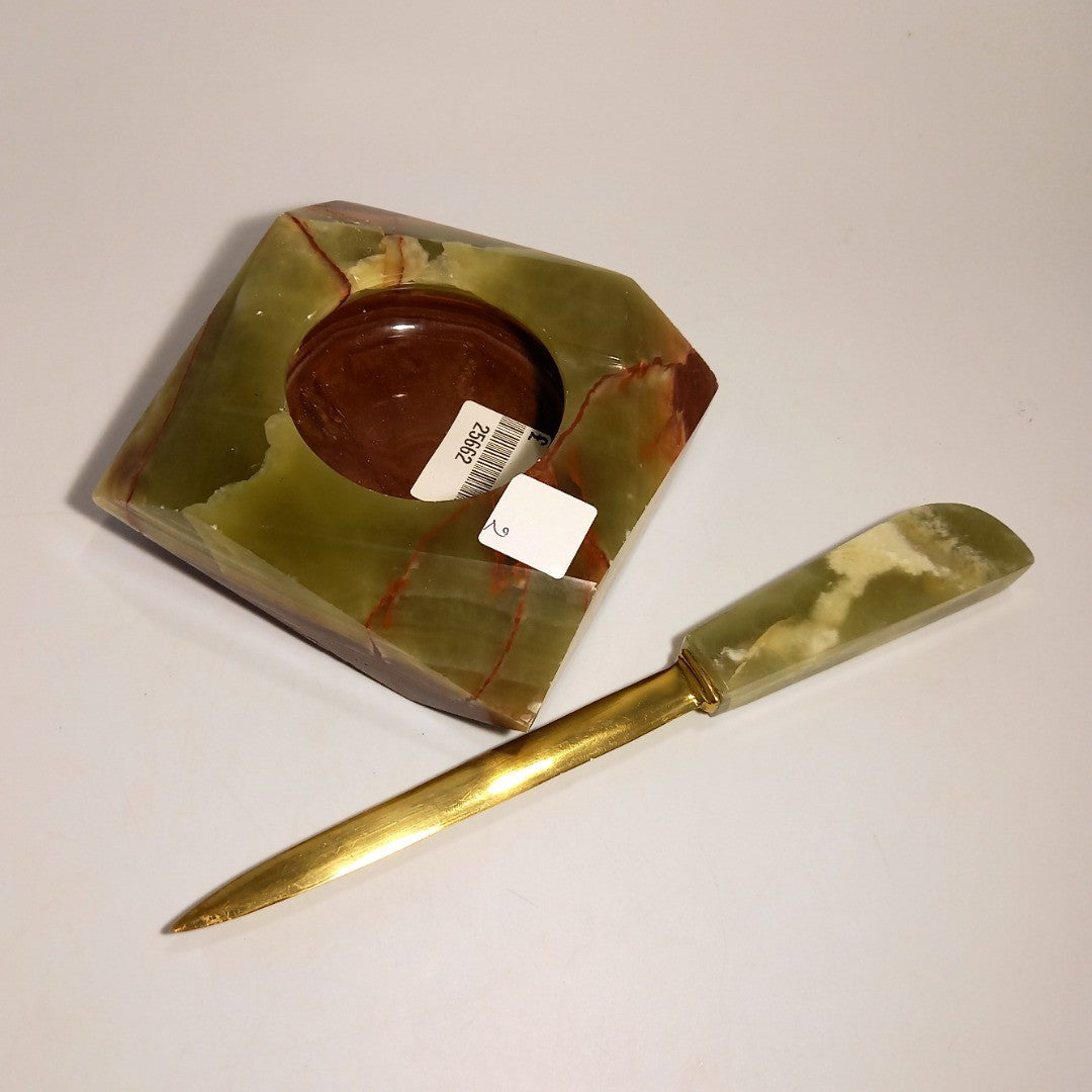 Marble Ashtray & Letter Opener Set - Vintage Green