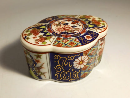 Trinket Box Imari Style, Mini / Small Vintage White Blue Orange Japanese Floral