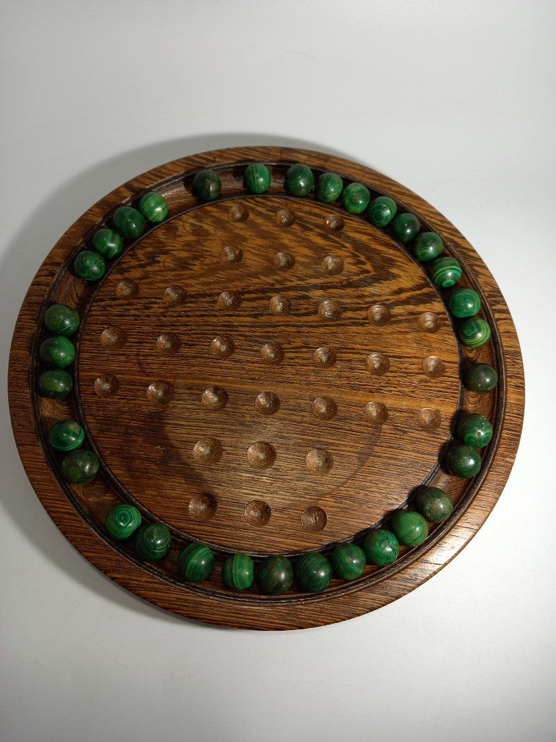 Marble Solitaire Wood Malachite, Vintage Board Game Set Green Gemstones/Crystals