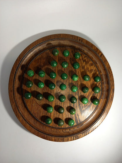 Marble Solitaire Wood Malachite, Vintage Board Game Set Green Gemstones/Crystals