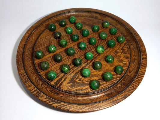 Marble Solitaire Wood Malachite, Vintage Board Game Set Green Gemstones/Crystals