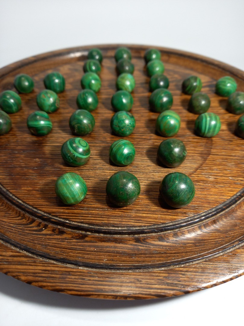 Marble Solitaire Wood Malachite, Vintage Board Game Set Green Gemstones/Crystals