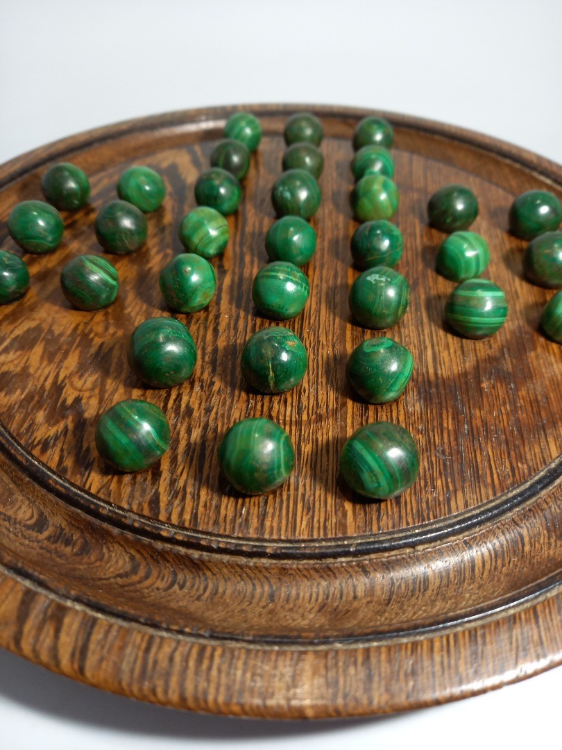 Marble Solitaire Wood Malachite, Vintage Board Game Set Green Gemstones/Crystals