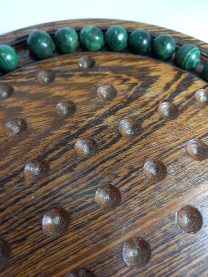 Marble Solitaire Wood Malachite, Vintage Board Game Set Green Gemstones/Crystals