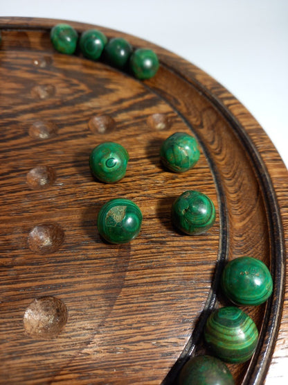 Marble Solitaire Wood Malachite, Vintage Board Game Set Green Gemstones/Crystals