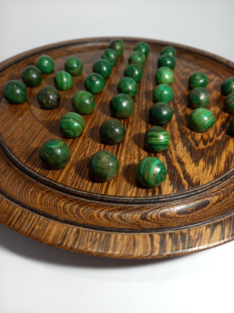 Marble Solitaire Wood Malachite, Vintage Board Game Set Green Gemstones/Crystals