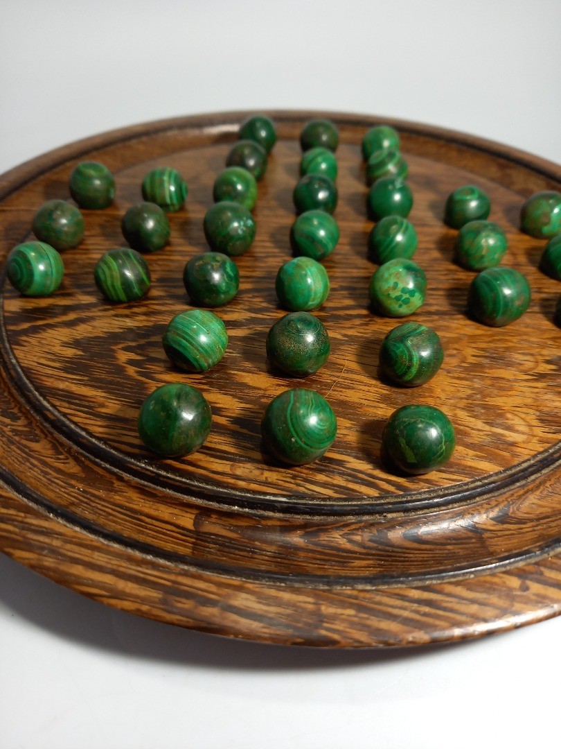 Marble Solitaire Wood Malachite, Vintage Board Game Set Green Gemstones/Crystals