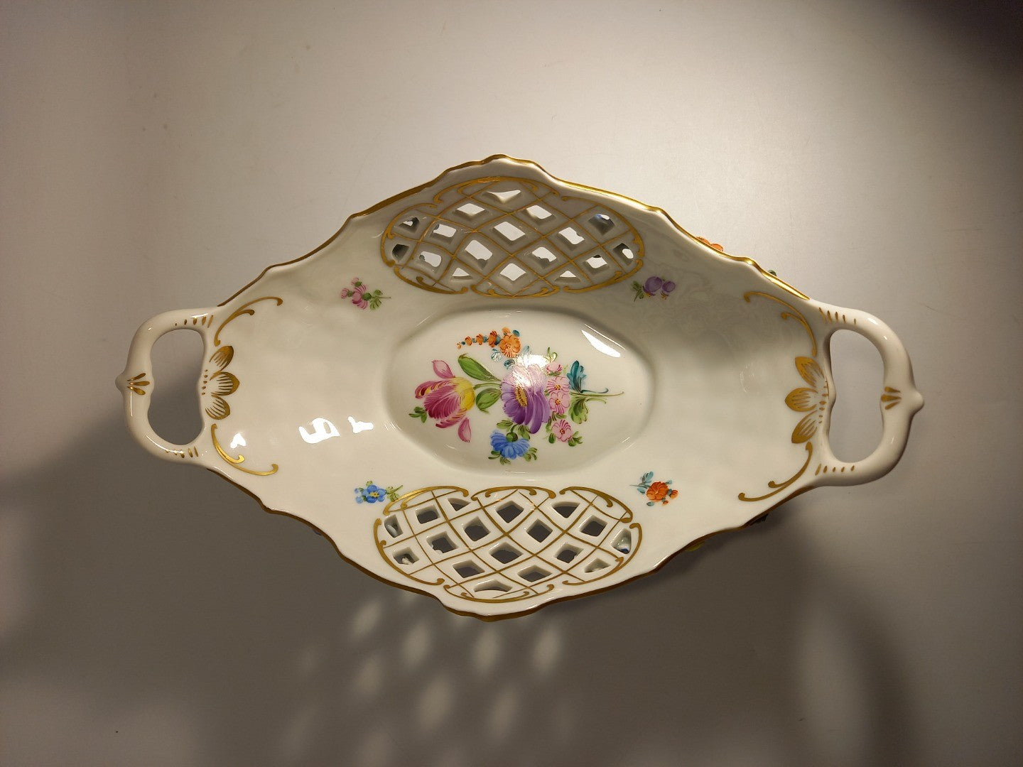 Dresden Basket Reticulated Antique, White Floral Flower Oval Footed Bowl