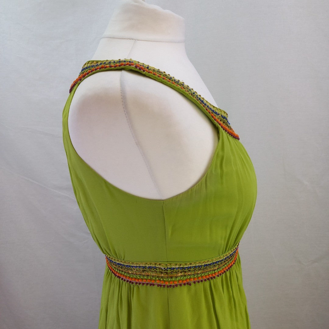 Monsoon Silk Beaded Dress - Lime Green - UK Size 12