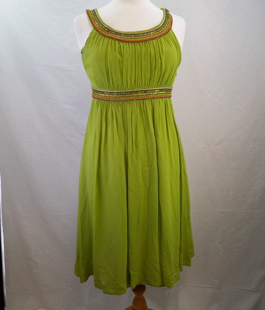 Monsoon Silk Beaded Dress - Lime Green - UK Size 12