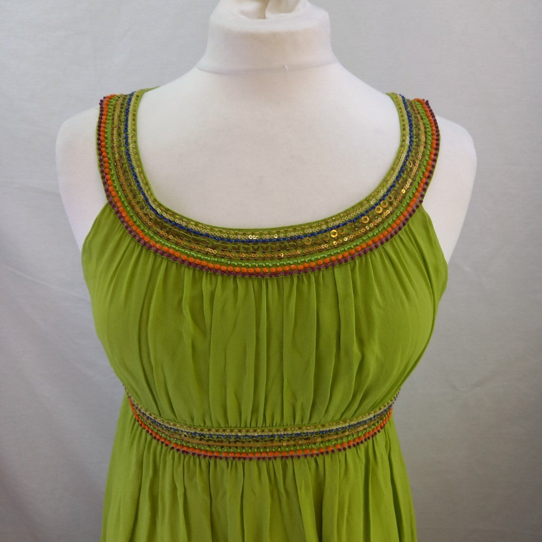 Monsoon Silk Beaded Dress - Lime Green - UK Size 12