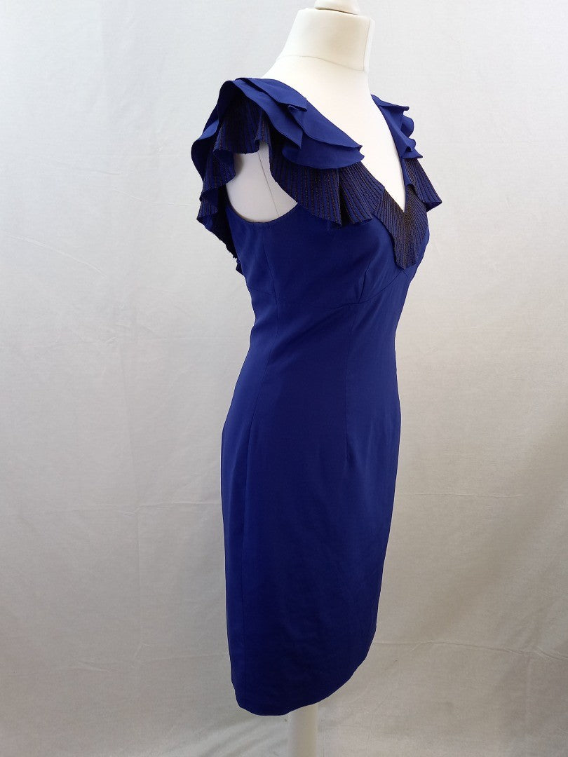 Karen Millen Royal Blue Silk Blend Dress with Chain Detailing - Size UK 8