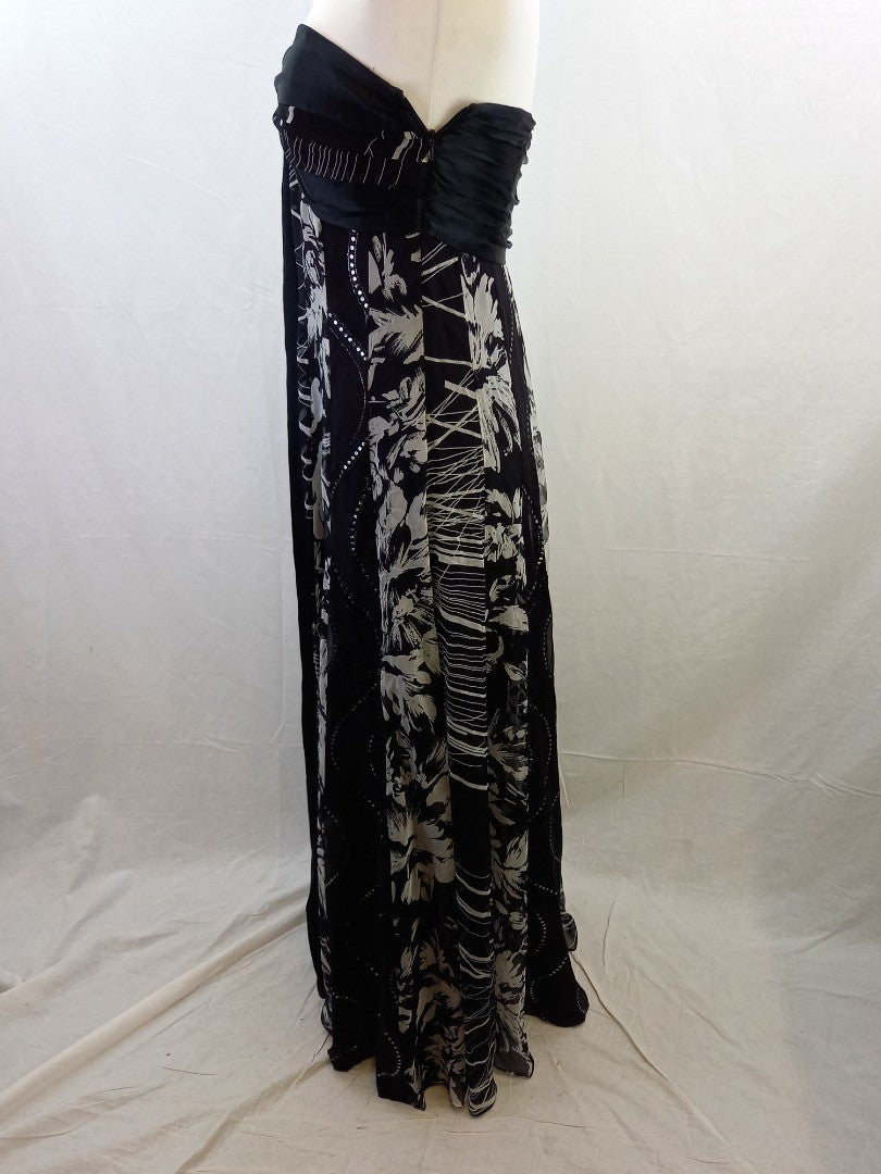 Monsoon Black & Grey Silk Panelled Strapless Maxi Dress - Size UK 14