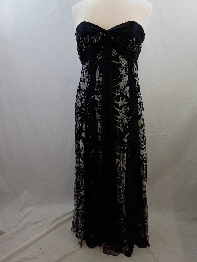 Monsoon Black & Grey Silk Panelled Strapless Maxi Dress - Size UK 14